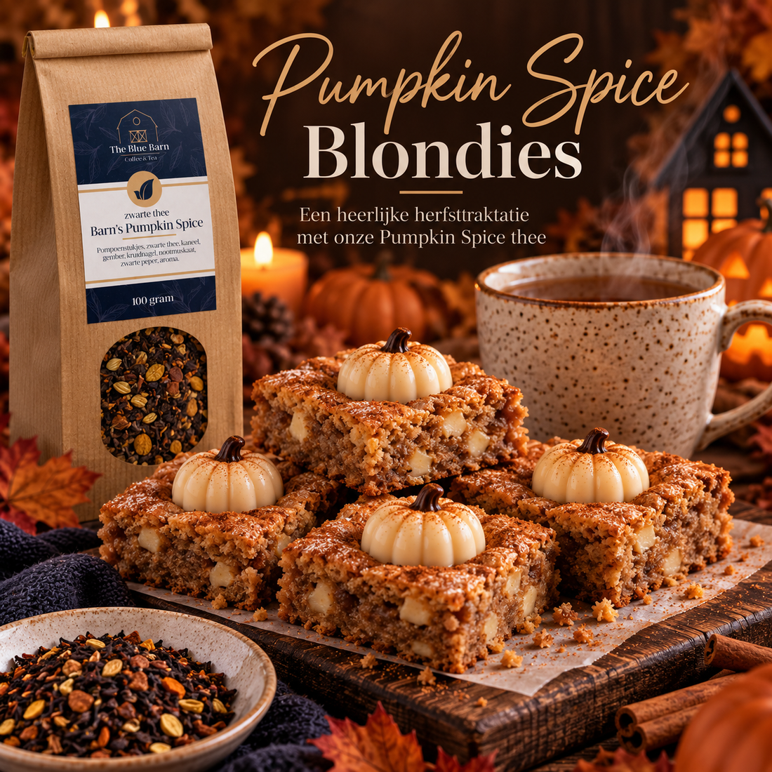 Pumpkin Spice Blondies met witte chocolade-pompoentjes